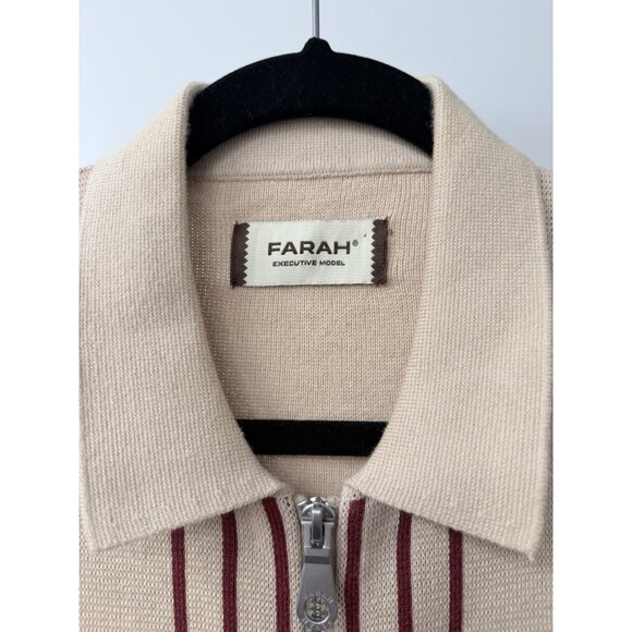 Farah Executive Model Beige Zip Up Sweater With Red Stripe Detail - Picture 3 of 7